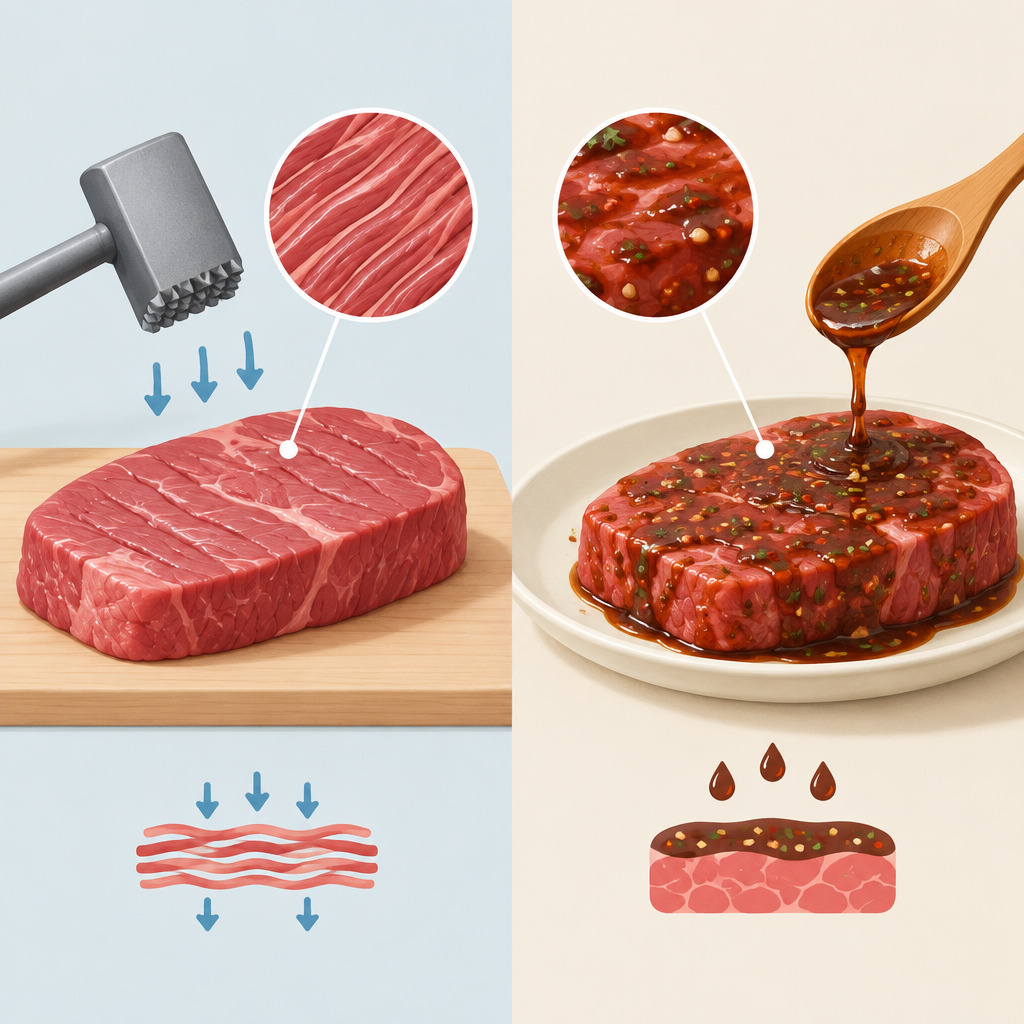 AI 생성 설명 이미지: 안산일동맛집 유니드정육식당 | 연육과 양념 재움은 어떻게 다를까?